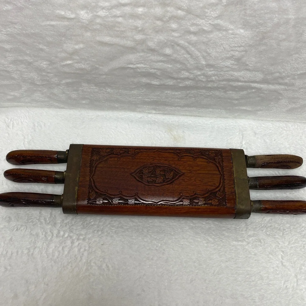 Vintage Carved Wood Steak Knives Set with Box, Antique Serving‎ Knives, Set of 6